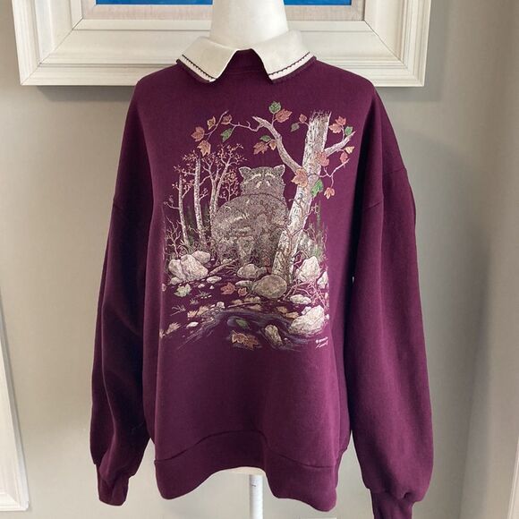 Vintage 90s 80s Morning Sun Purple Cat Fox Forest Collared Sweatshirt Large - Picture 2 of 12